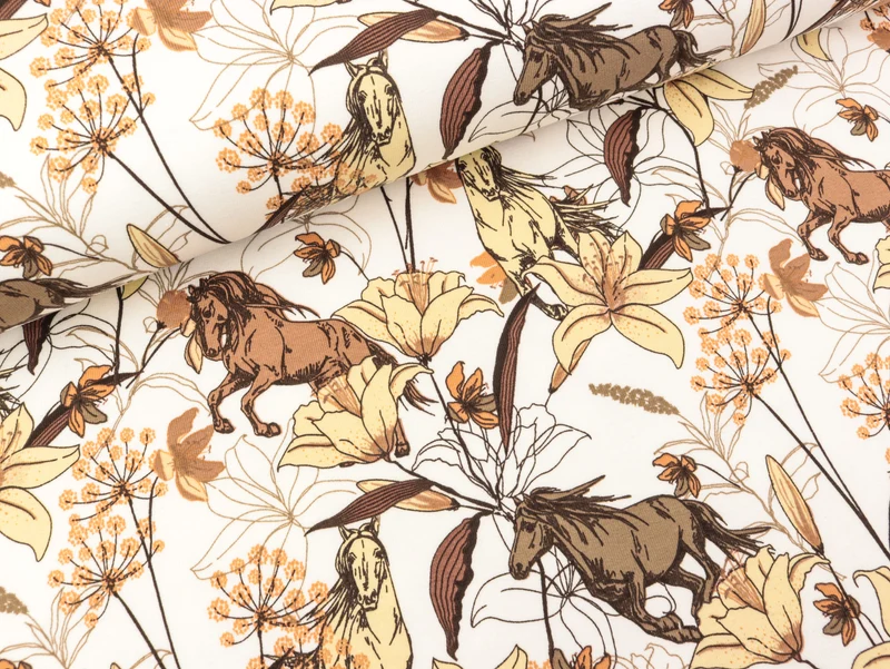 French Terry Flowers and Horses auf Ecru