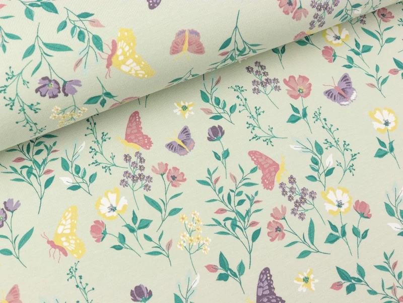 Baumwolljersey Flowers bunt auf Hellmint