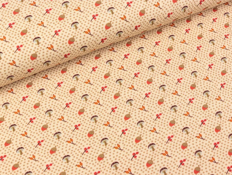 Steinbeck Baumwolljersey Woody Pilze, Eicheln und Beeren auf Creme mit hellbraunen Pünktchen