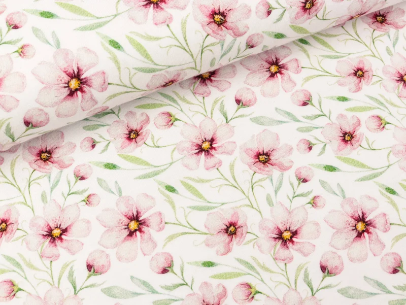 Baumwolljersey Spring Blossom Blumen weiß Digitaldruck