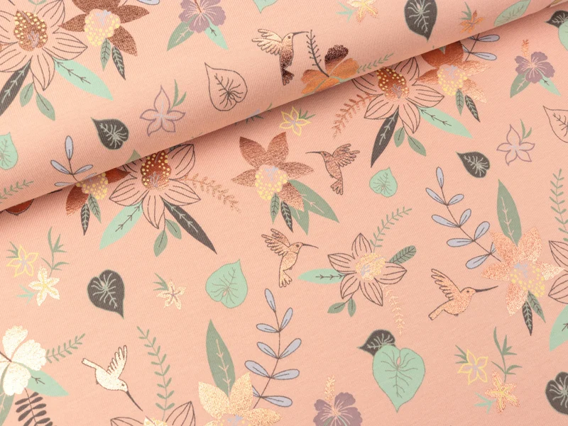 Baumwolljersey Flowers auf apricot mit kupferfarbenem Folienprint
