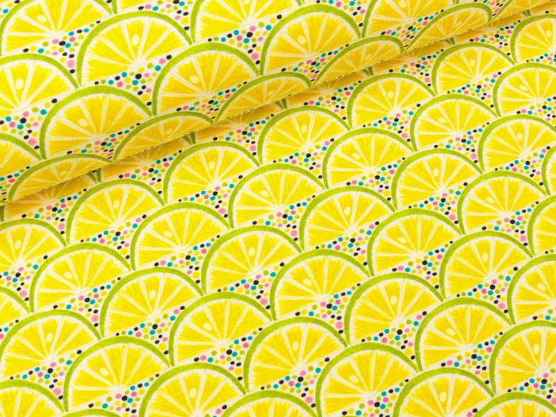 Baumwolljersey Sun & Lemon Zitronen und bunte Streusel