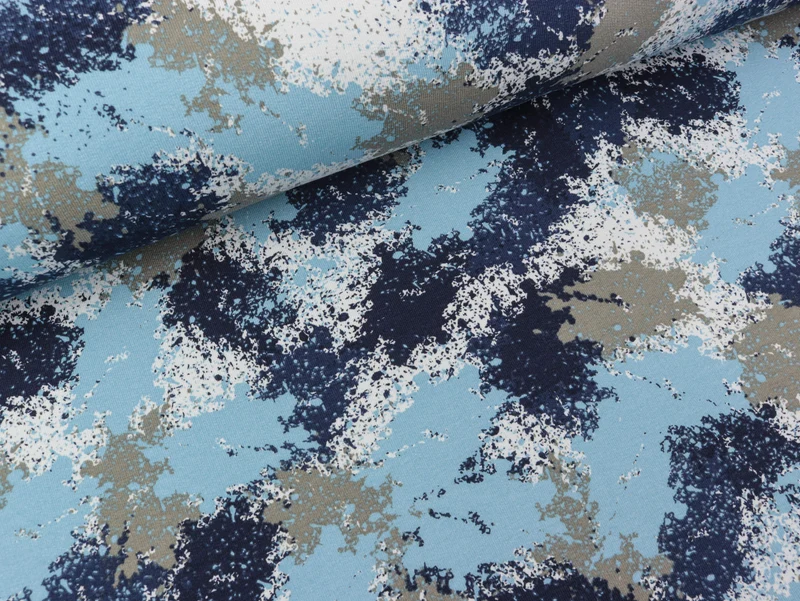 French Terry Print Farbkleckse bunt auf Hellblau