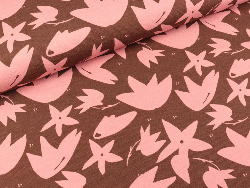 French Terry Cozy Blumen rosa auf Braun by brinarina