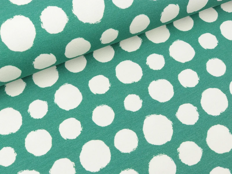 Baumwollsweat Rosie Große Dots weiß auf Smaragd