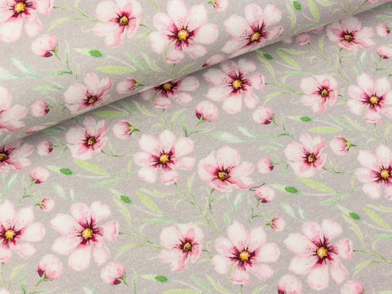 Baumwolljersey Spring Blossom Blumen hellgrau Digitaldruck