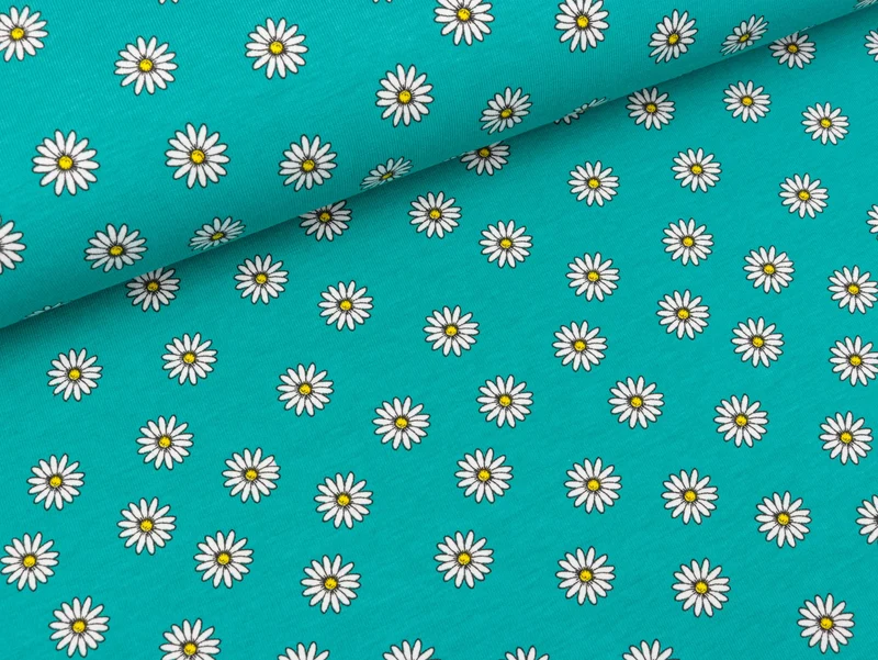 Baumwolljersey Daisy Gänseblümchen weiß auf Türkis