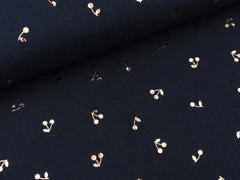 Baumwoll Musselin Double Gauze Bambino Foil Kirschen kupfer auf Navy
