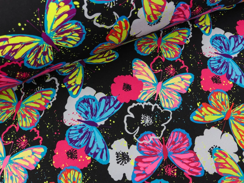 Softshell Fiete Bunte Schmetterlinge auf Schwarz