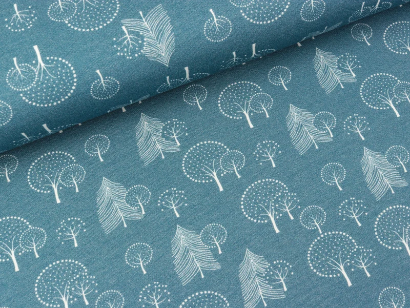French Terry Mini Forest Bäume weiß auf Rauchblau