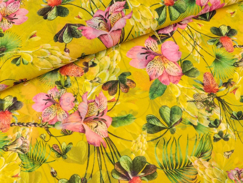 Silky Crepe Tropical bunt auf Senfgelb