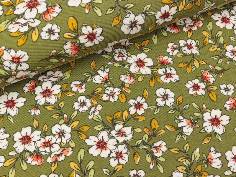 Tencel Modaljersey Flowers bunt auf Forest green