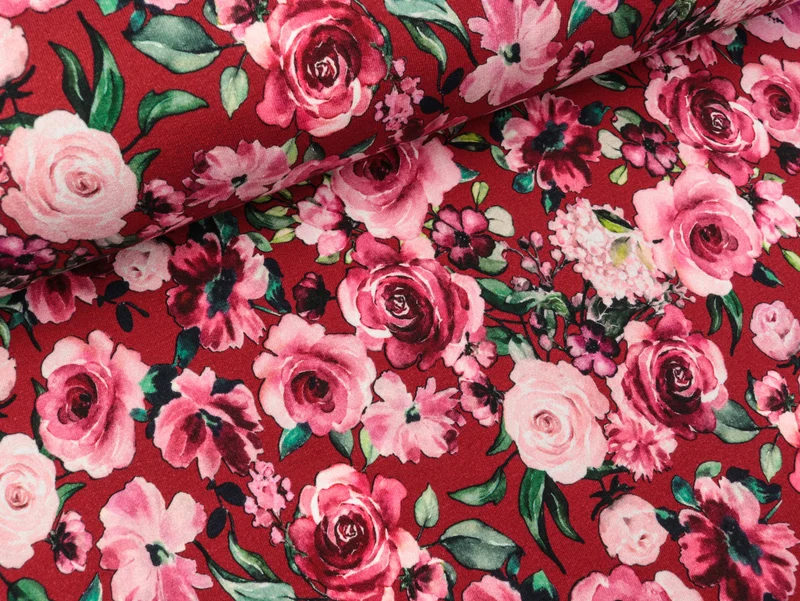 French Terry Flower Garden Blumenmuster auf Bordeaux