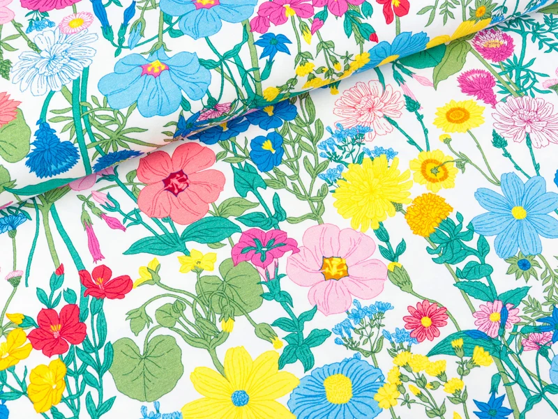 Baumwolljersey Vintage Botanical Bunte Sommerwiese auf Weiß