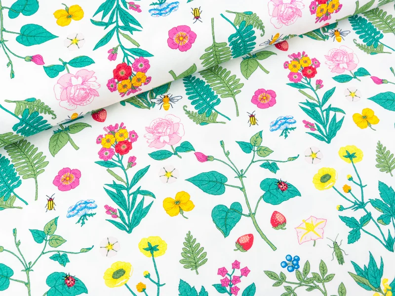 Baumwolljersey Vintage Botanical Bunte Blumenwiese auf Weiß
