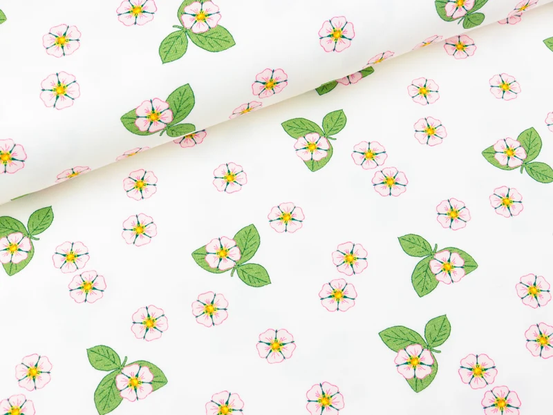 Baumwolljersey Vintage Botanical Erdbeerblüten auf Ecrü