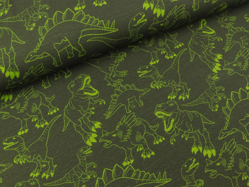 Baumwolljersey Jesse Dinosaurier lime auf Khaki