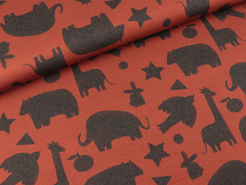French Terry Mini Forest Tiere anthrazit auf Terracotta