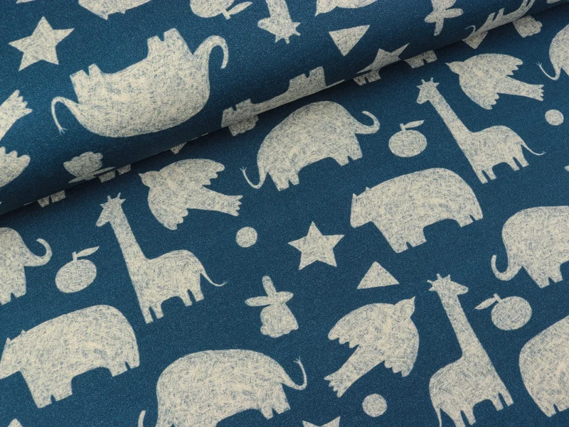 French Terry Mini Forest Tiere hellgrau auf Jeansblau