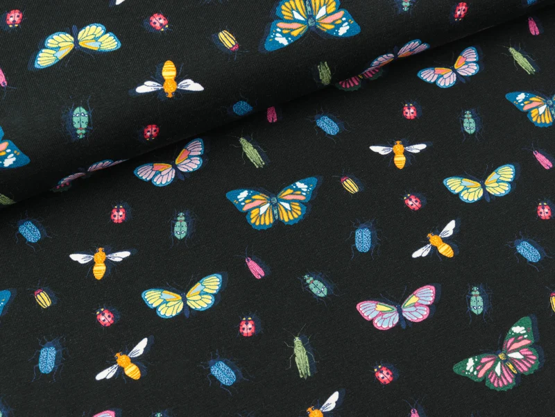 Baumwolljersey Vintage Botanical Schmetterlinge und Käfer bunt auf Schwarz