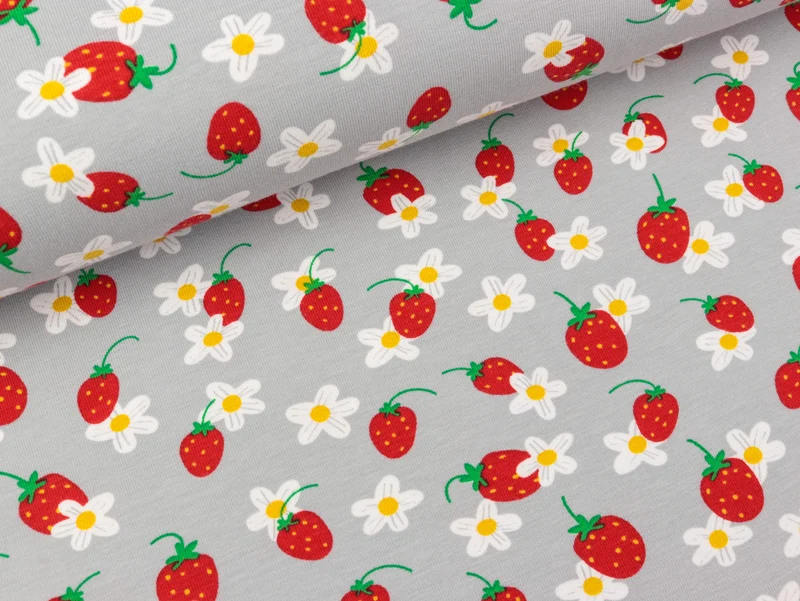 Baumwolljersey Strawberry Flower auf Hellgrau
