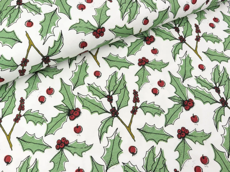 Baumwolljersey Feliz Navidad Ilex auf Weiß