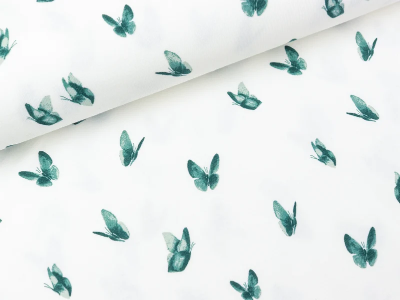 Baumwolljersey Butterflies dusty green auf Weiß