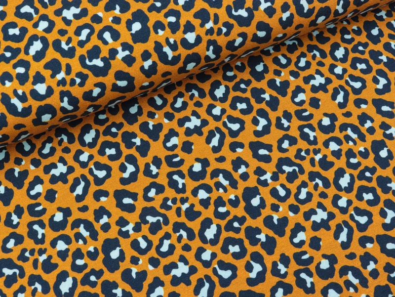 Baumwolljersey Tropical Forest Leoprint bunt auf Ocker