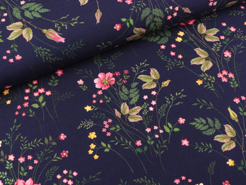 Baumwolljersey Jonne Zartes Blumenmuster auf Dunkelblau