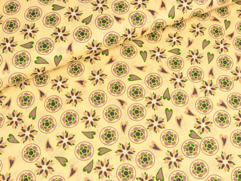 Baumwollstoff Blumenkreise und Herzen auf Creme