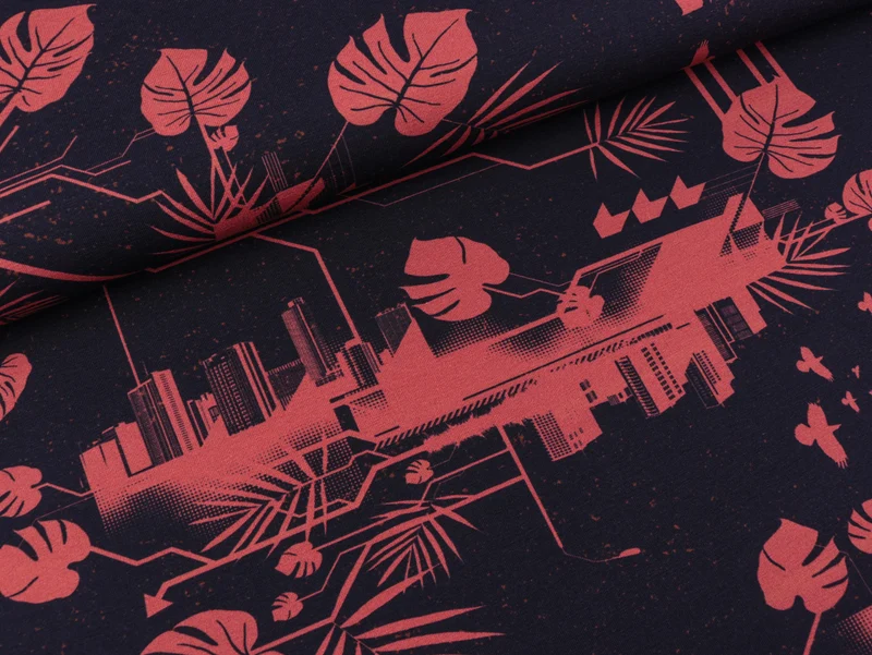 Baumwolljersey Urban Jungle tiefblau-rouge by Thorsten Berger