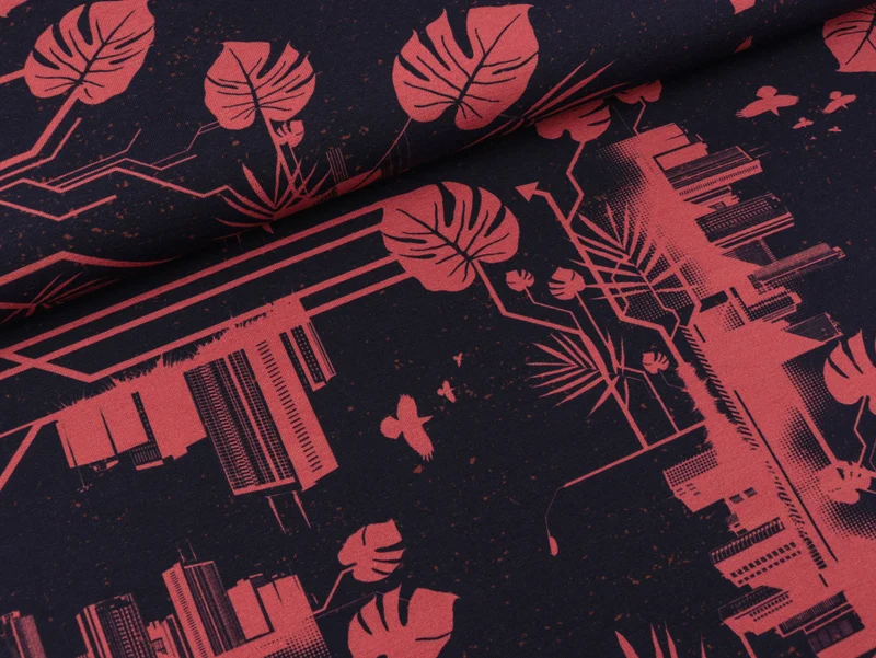 Baumwolljersey Urban Jungle tiefblau-rouge by Thorsten Berger