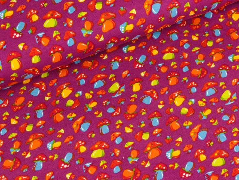 Baumwolljersey Bunte Pilze auf Lila