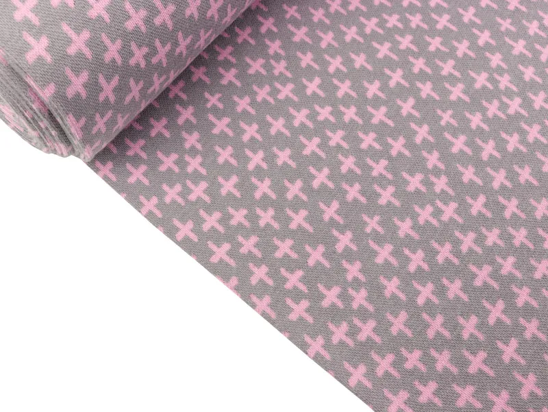 Glatte Bündchenware Karla Kreuze rosa auf Hellgrau Schlauchware