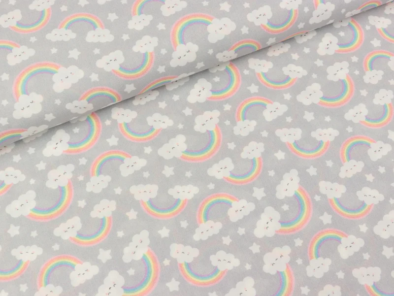 Baumwoll Webware Toni Rainbow and Cloud bunt auf Hellgrau