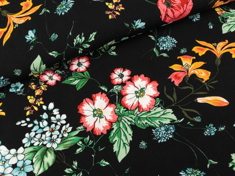 Viskosestoff Chally Blumenmuster bunt auf Schwarz