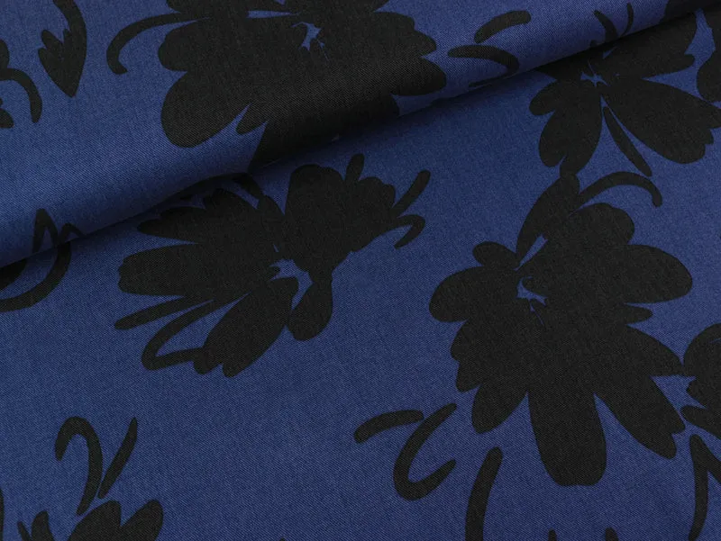 TENCEL Webware Blumen schwarz auf Blau