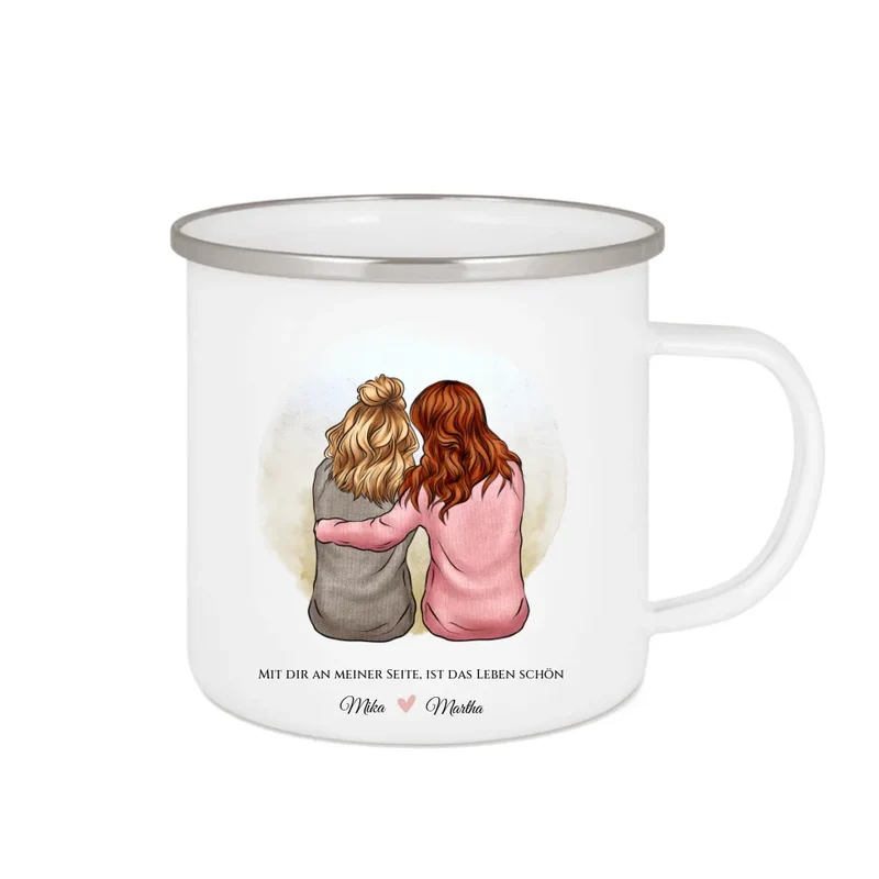 2 beste Freundinnen Geburtstagsgeschenk - Emaille Tasse Emaillebecher mit Namen personalisiert