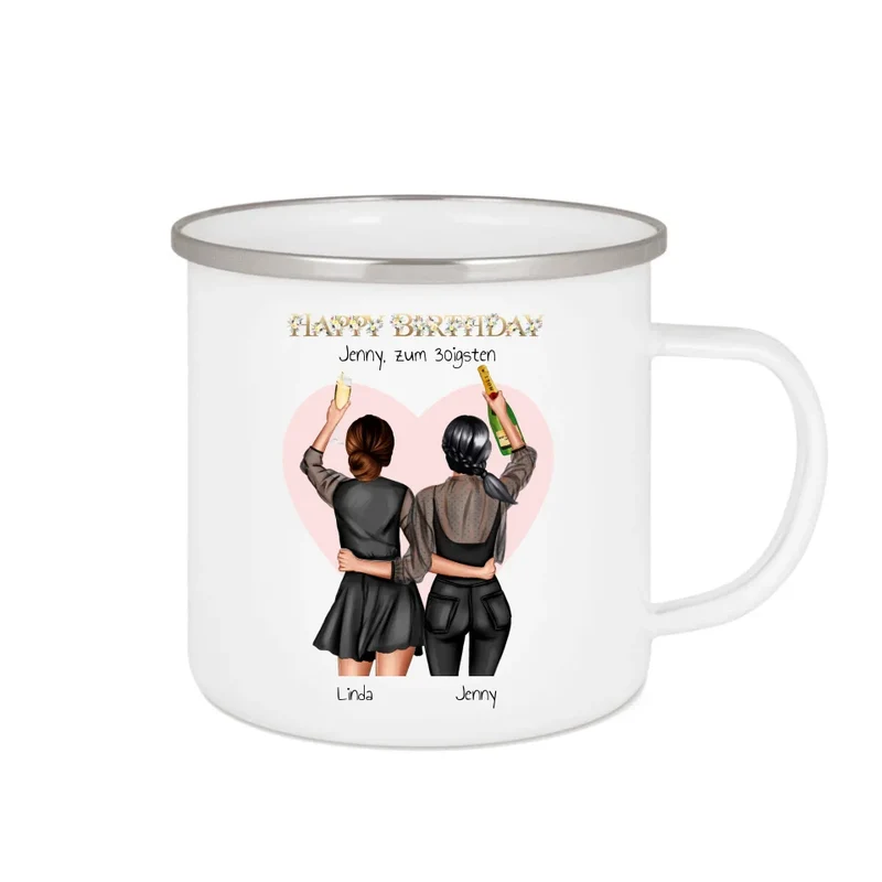 Freundin Tasse mit 2 Frauen - Emaille Tasse mit Namen als Geschenkidee
