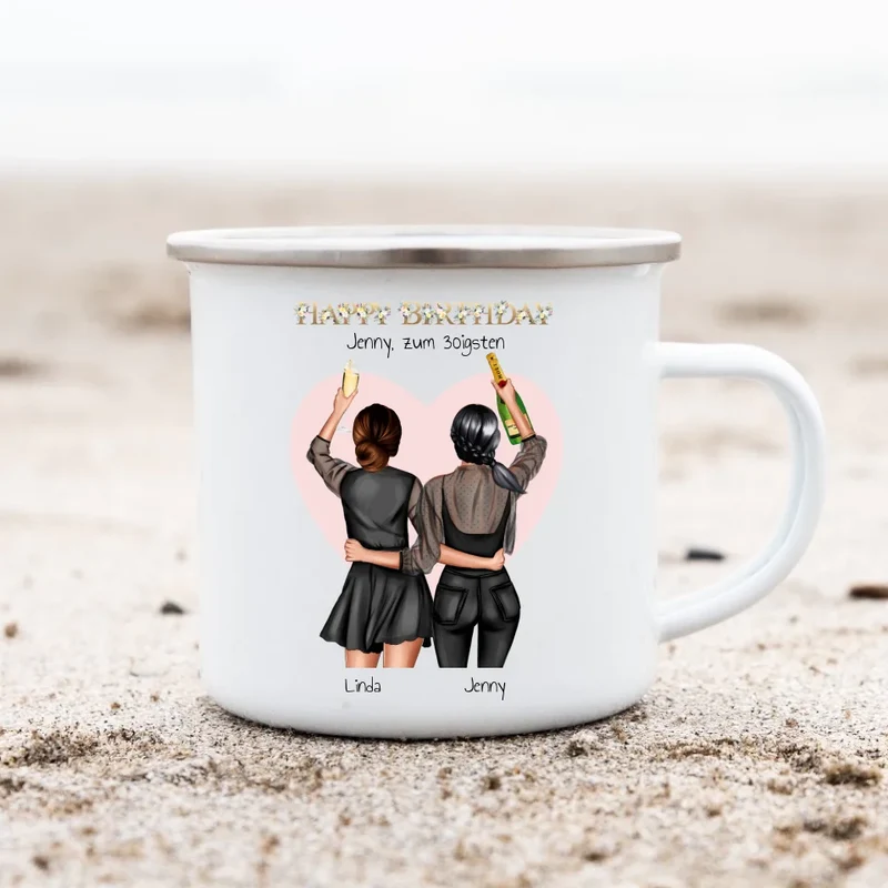 Freundin Tasse mit 2 Frauen - Emaille Tasse mit Namen als Geschenkidee