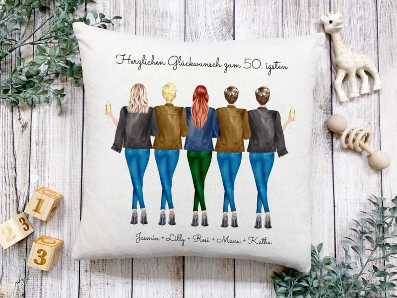 50 Geburtstag Geschenk Freundin & Frauen - personalisiertes Kissen 5 Freundinnen