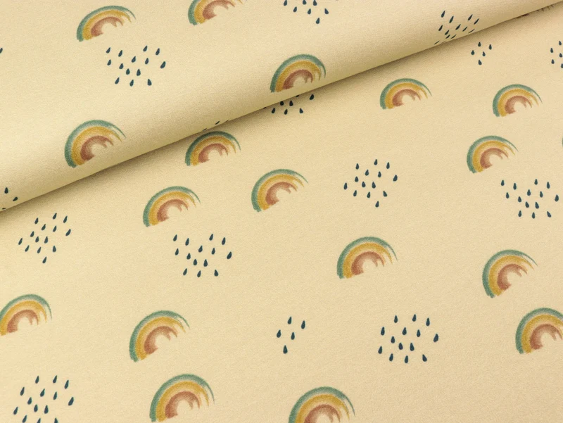Reststück 35cm - French Terry Hedda Regenbogen und Tropfen bunt auf Hellbeige