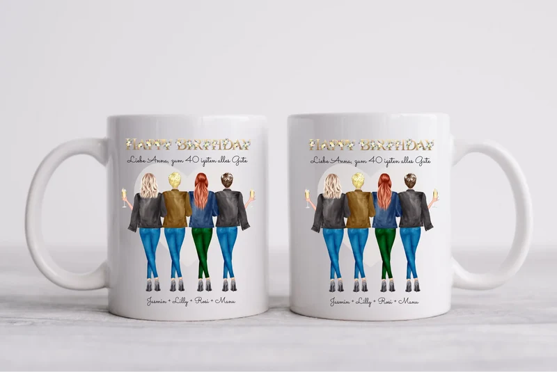 Personalisierte Tasse 40. Geburtstag Freundin - Geburtstagsgeschenk mit 4 Frauen, Freundinnen, Mädchen