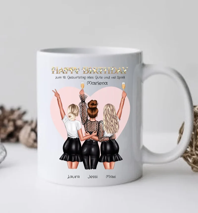Personalisierte Tasse für Beste Freundin - 3 Freundinnen Geburtstagsgeschenk