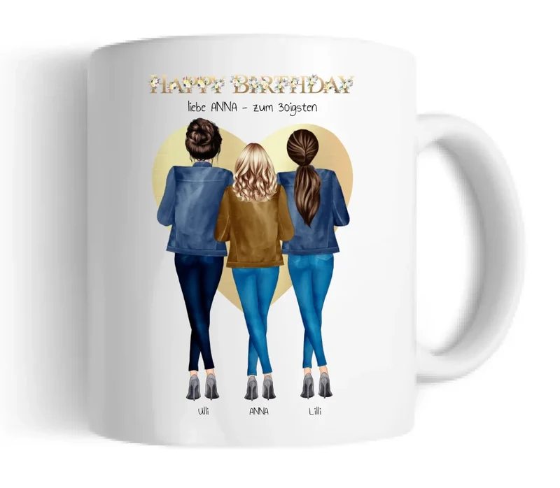 Personalisiertes Tasse für die beste Freundin zum 30 Geburtstag - 3 Freundinnen Geschenk mit Outfit & Name