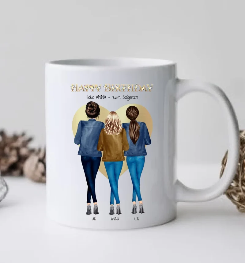 Personalisiertes Tasse für die beste Freundin zum 30 Geburtstag - 3 Freundinnen Geschenk mit Outfit & Name