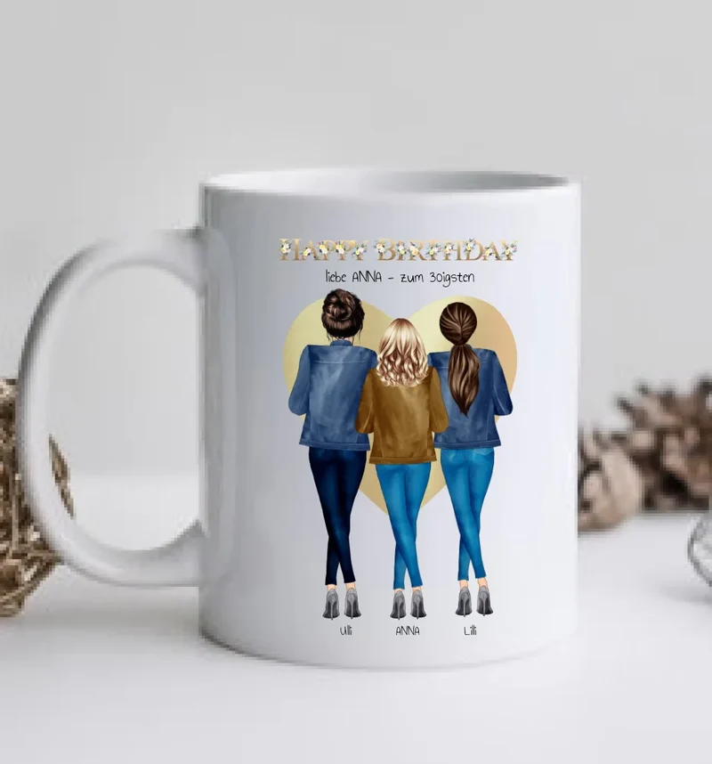 Personalisiertes Tasse für die beste Freundin zum 30 Geburtstag - 3 Freundinnen Geschenk mit Outfit & Name
