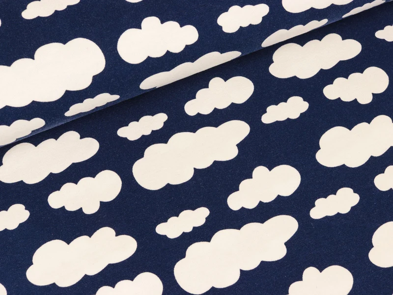 Reststück 86cm - Baumwolljersey Verena Wolken weiß auf Dunkelblau