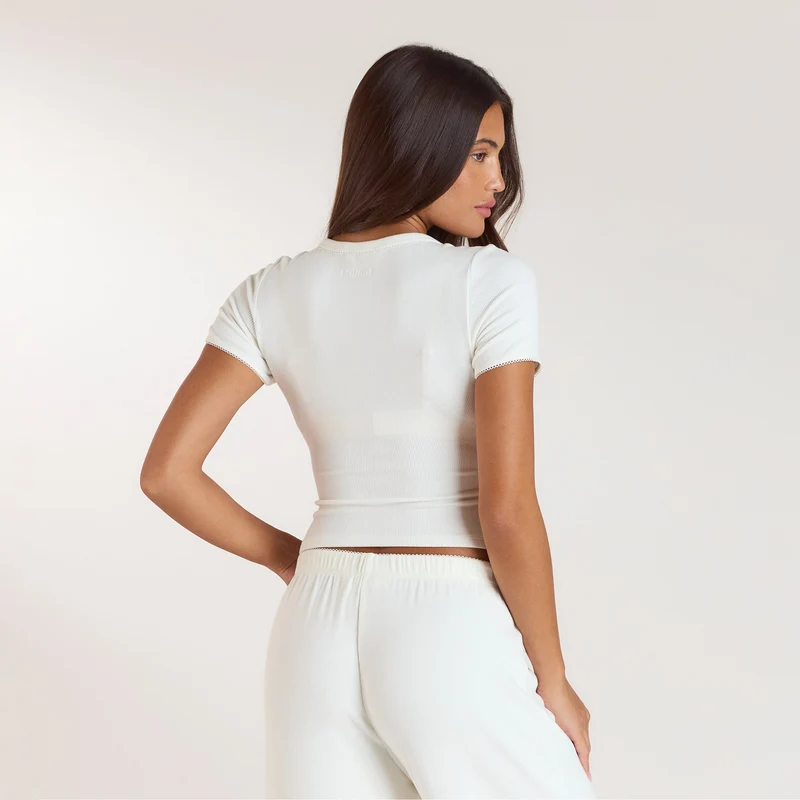 Geripptes Kurzarm-Pyjama Top - Crèmefarbe
