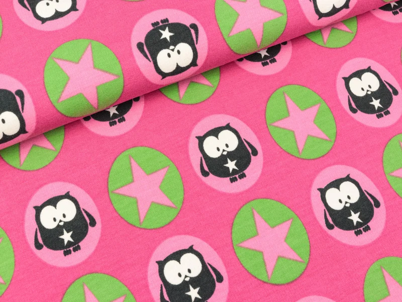 Reststück 100cm - Baumwollsweat Mea Eulen und Sterne auf Pink